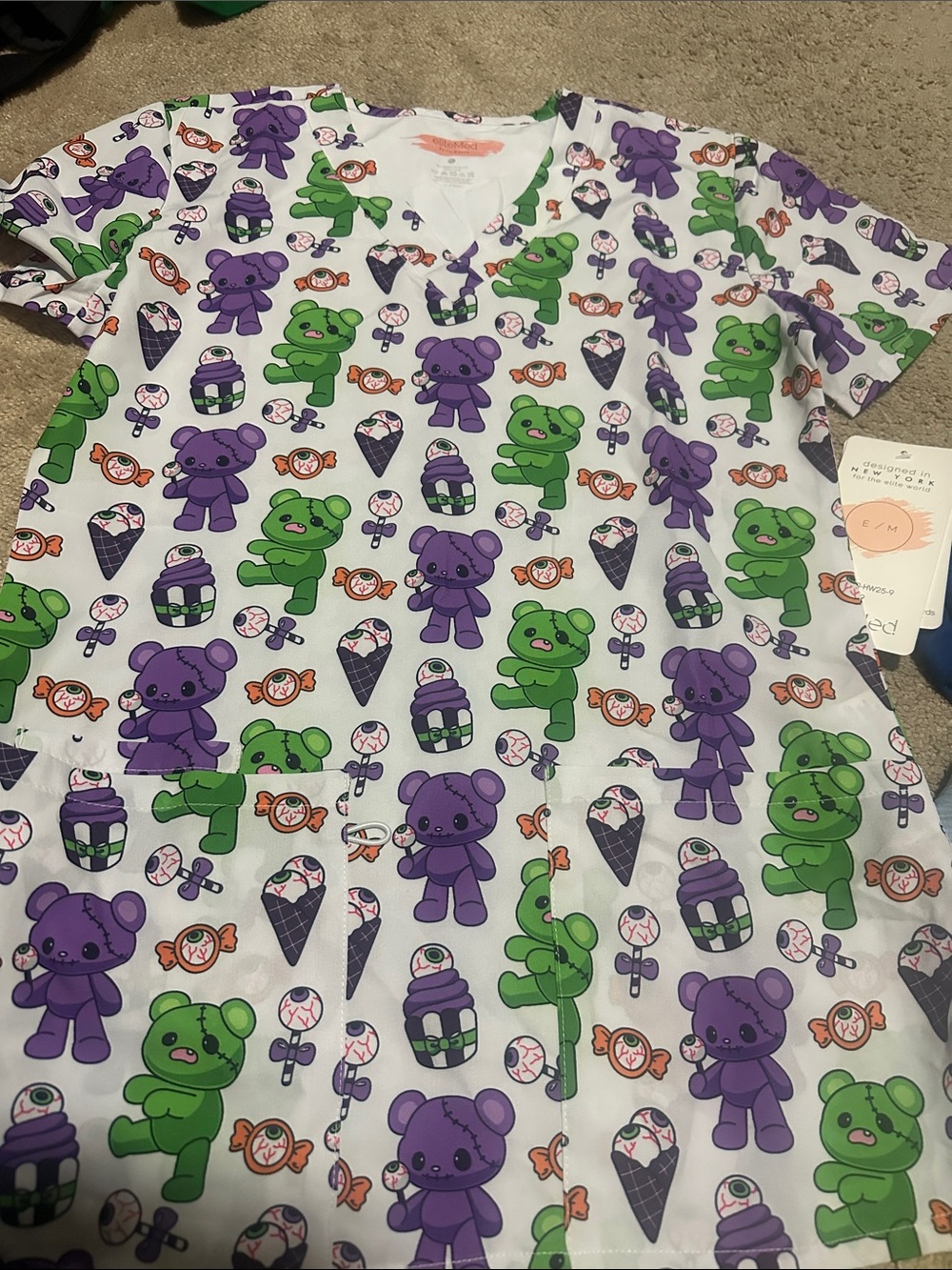 Halloween women’s zombie bears and eyeballs size small scrub top